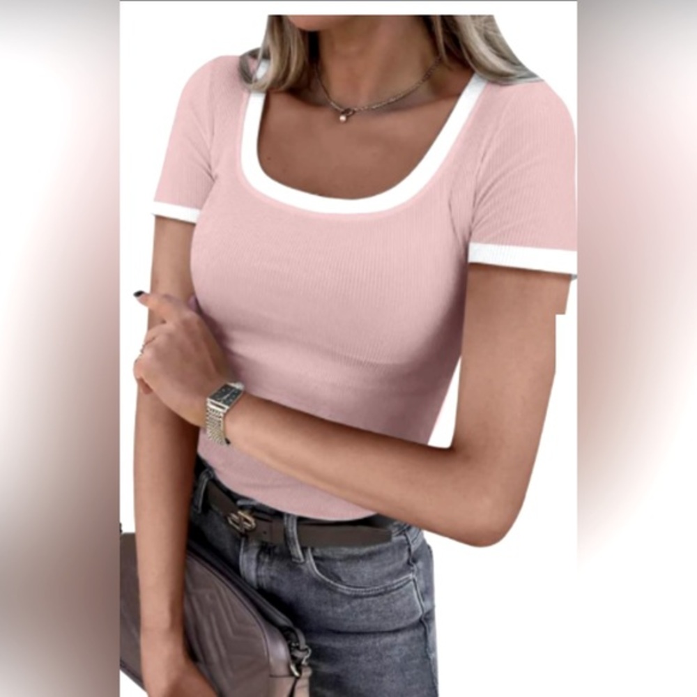 U Neck Short Sleeve Color Block Slim Fit Ribbed Knit Basic Tee | NWT | S - Picture 5 of 9